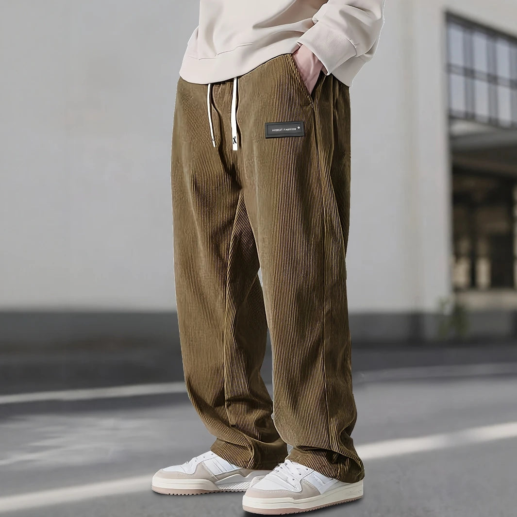 Men'S Corduroy Straight Leg Pants with Drawstring Waist, Pockets, and Logo Design - Stretchy, Casual Fit for Everyday Wear, Spri
