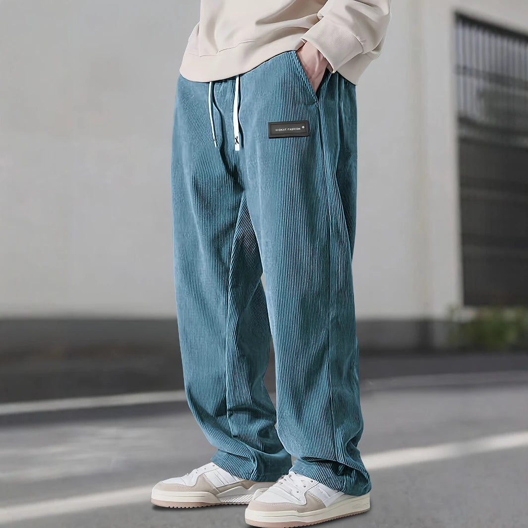 Men'S Corduroy Straight Leg Pants with Drawstring Waist, Pockets, and Logo Design - Stretchy, Casual Fit for Everyday Wear, Spri