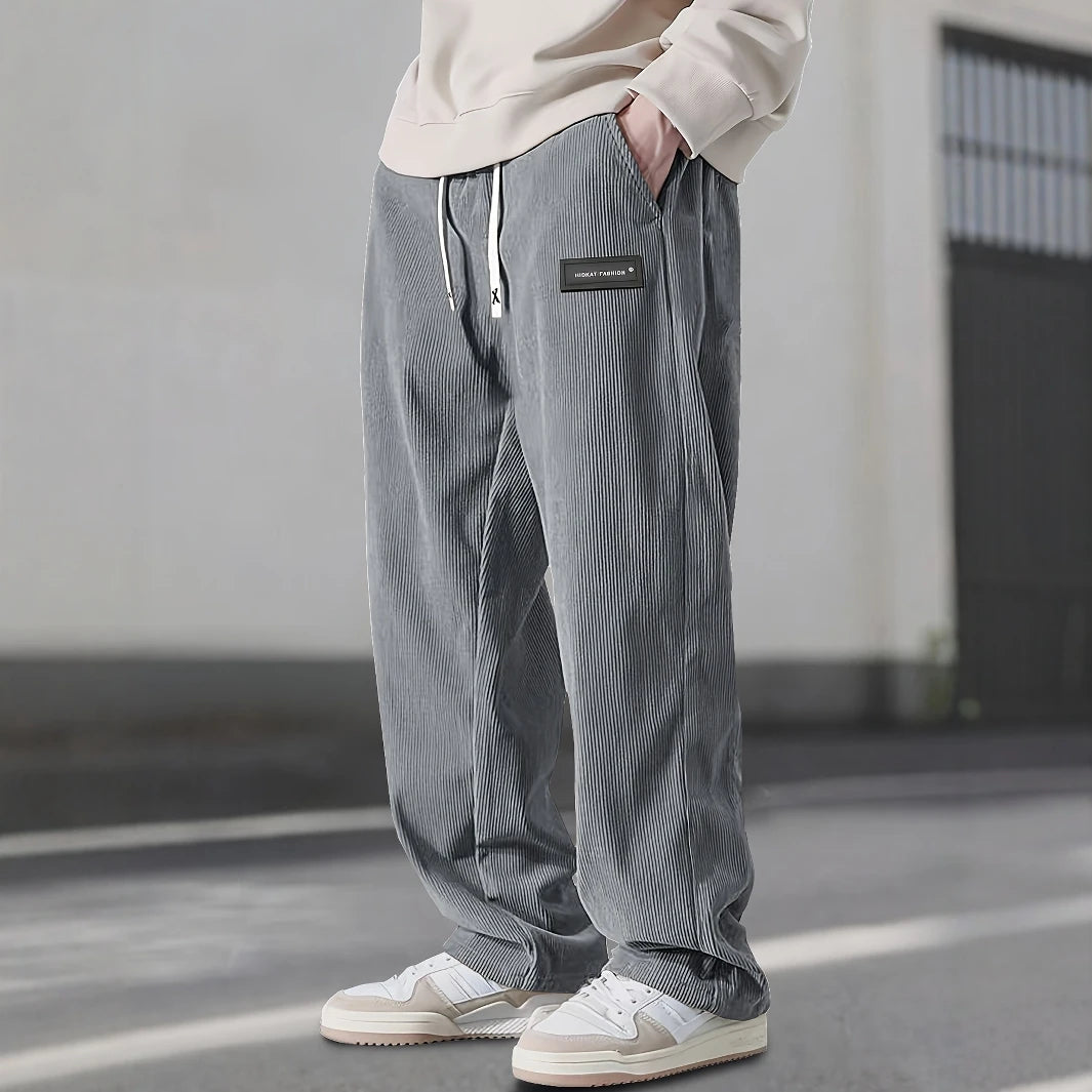 Men'S Corduroy Straight Leg Pants with Drawstring Waist, Pockets, and Logo Design - Stretchy, Casual Fit for Everyday Wear, Spri