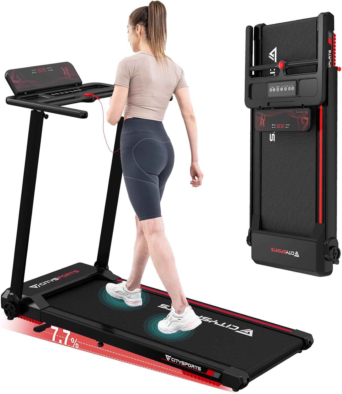 CITYSPORTS Tapis de Course,Tapis Roulant Pliable 12 km/h,avec Affichage LED,APP et 360° Tablet Holder,Walking Pad Compact pour la Maison et Le Bureau (Black & Red)