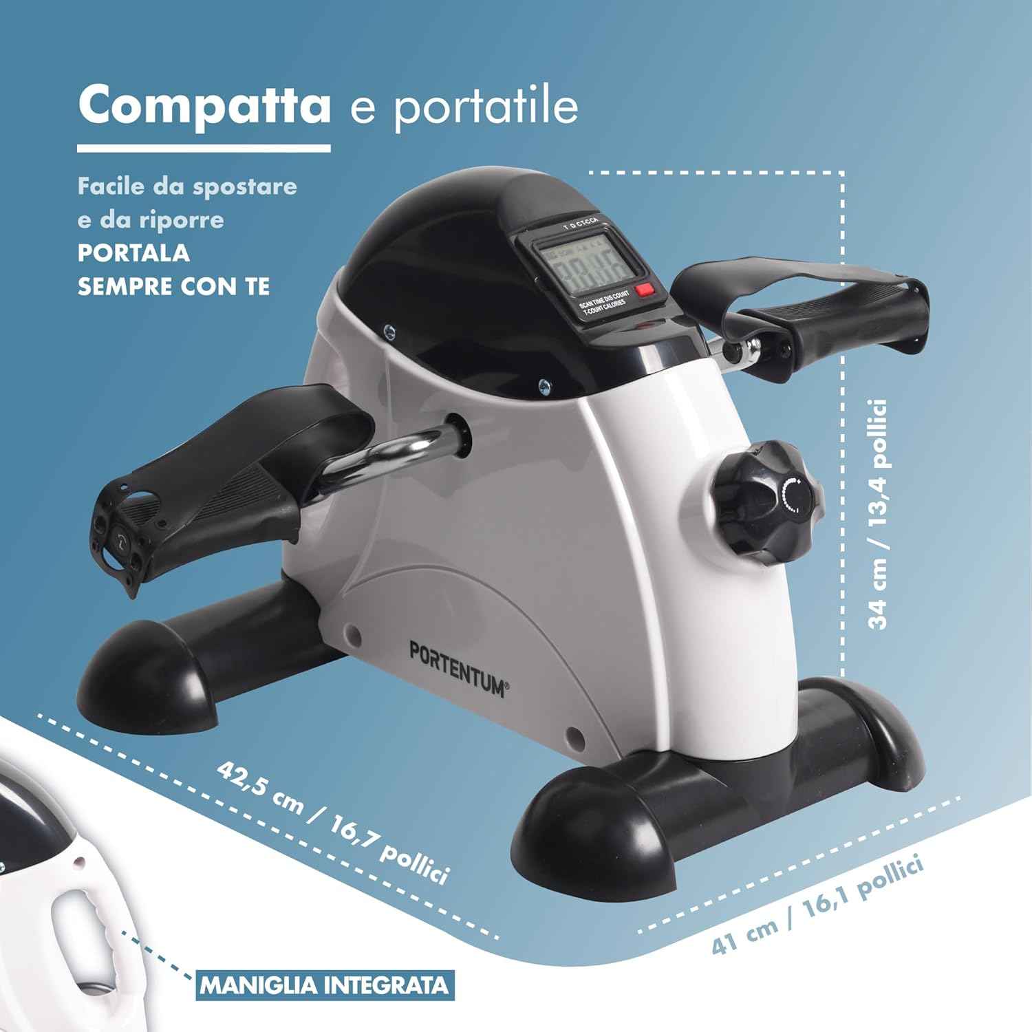 PORTENTUM Pedalier d’Appartement Senior avec écran LCD 6 Fonctions – Mini Velo Bras et Jambes Compact avec résistance réglable et poignée de Transport – Design Portable pour Sport Maison