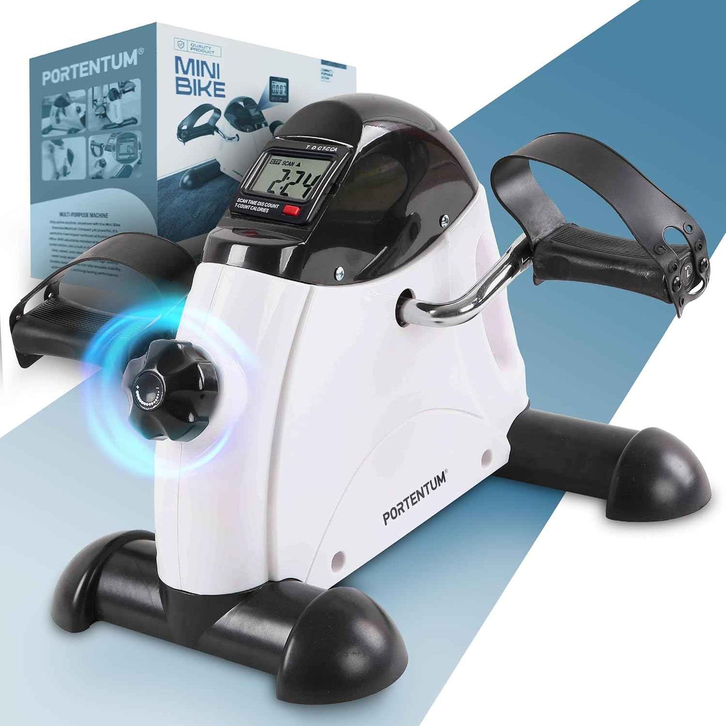 PORTENTUM Pedalier d’Appartement Senior avec écran LCD 6 Fonctions – Mini Velo Bras et Jambes Compact avec résistance réglable et poignée de Transport – Design Portable pour Sport Maison