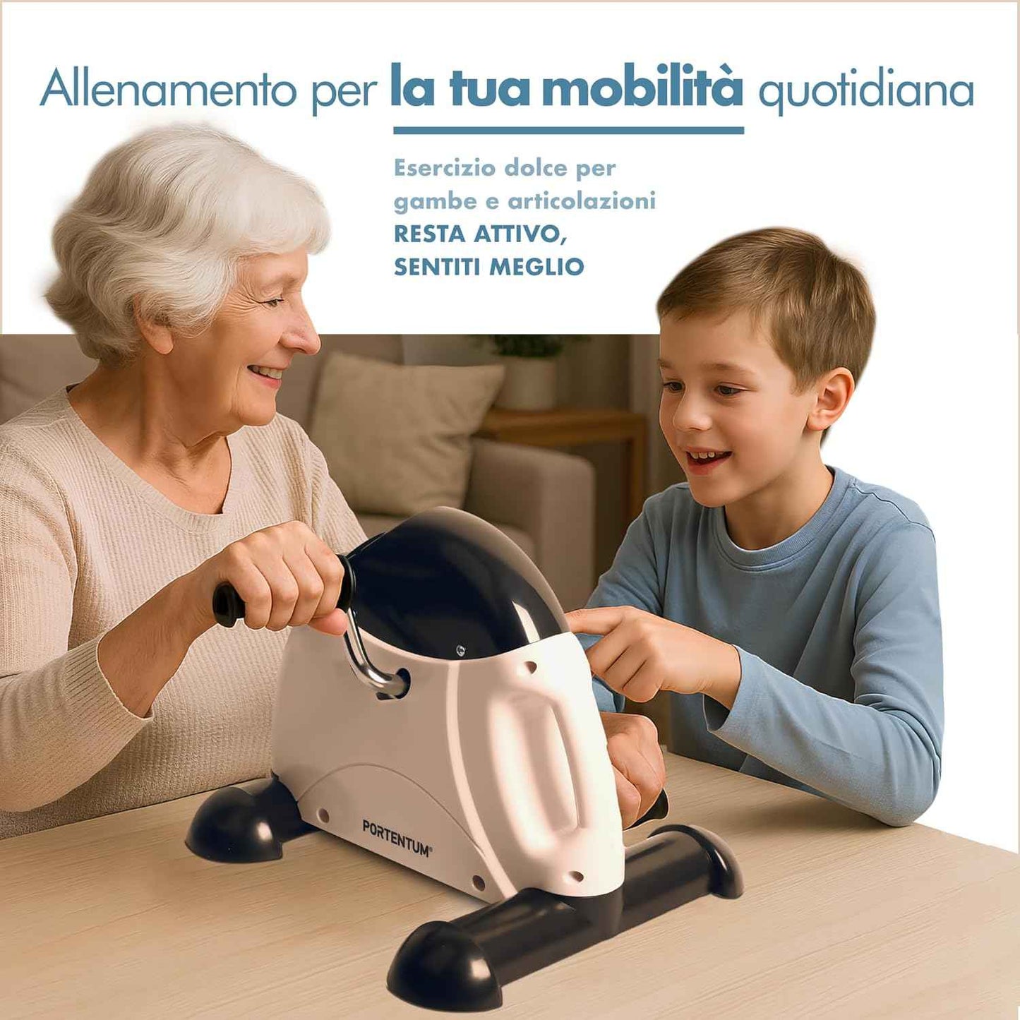 PORTENTUM Pedalier d’Appartement Senior avec écran LCD 6 Fonctions – Mini Velo Bras et Jambes Compact avec résistance réglable et poignée de Transport – Design Portable pour Sport Maison