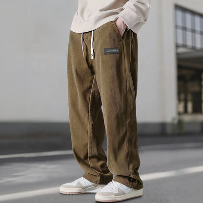 Men'S Corduroy Straight Leg Pants with Drawstring Waist, Pockets, and Logo Design - Stretchy, Casual Fit for Everyday Wear, Spri