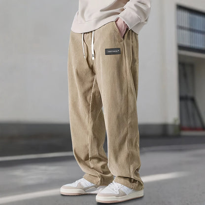 Men'S Corduroy Straight Leg Pants with Drawstring Waist, Pockets, and Logo Design - Stretchy, Casual Fit for Everyday Wear, Spri